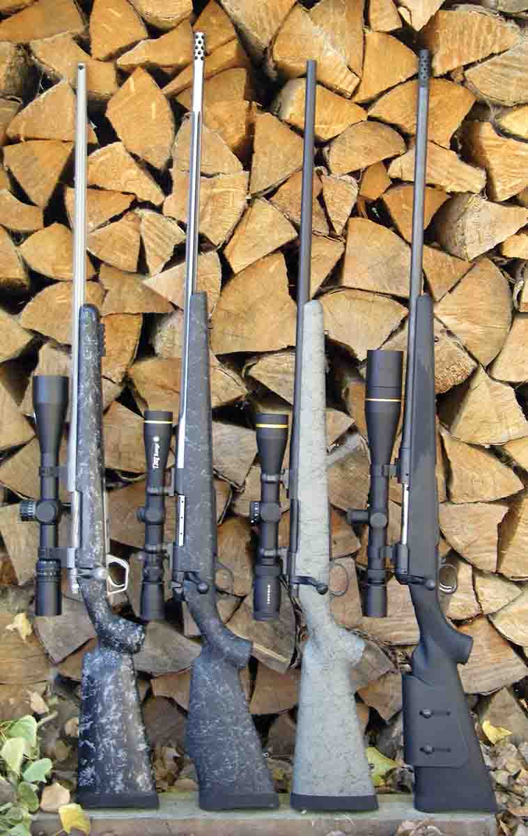 Popular long-range hunting rifles include (left to right): a Gunwerks LR-1000 .300 Winchester Magnum, Weatherby Mark V 6.5-300 Weatherby Magnum, Nosler Model 48 .28 Nosler and a Savage Model 111 Long Range Hunter 6.5-284 Norma.